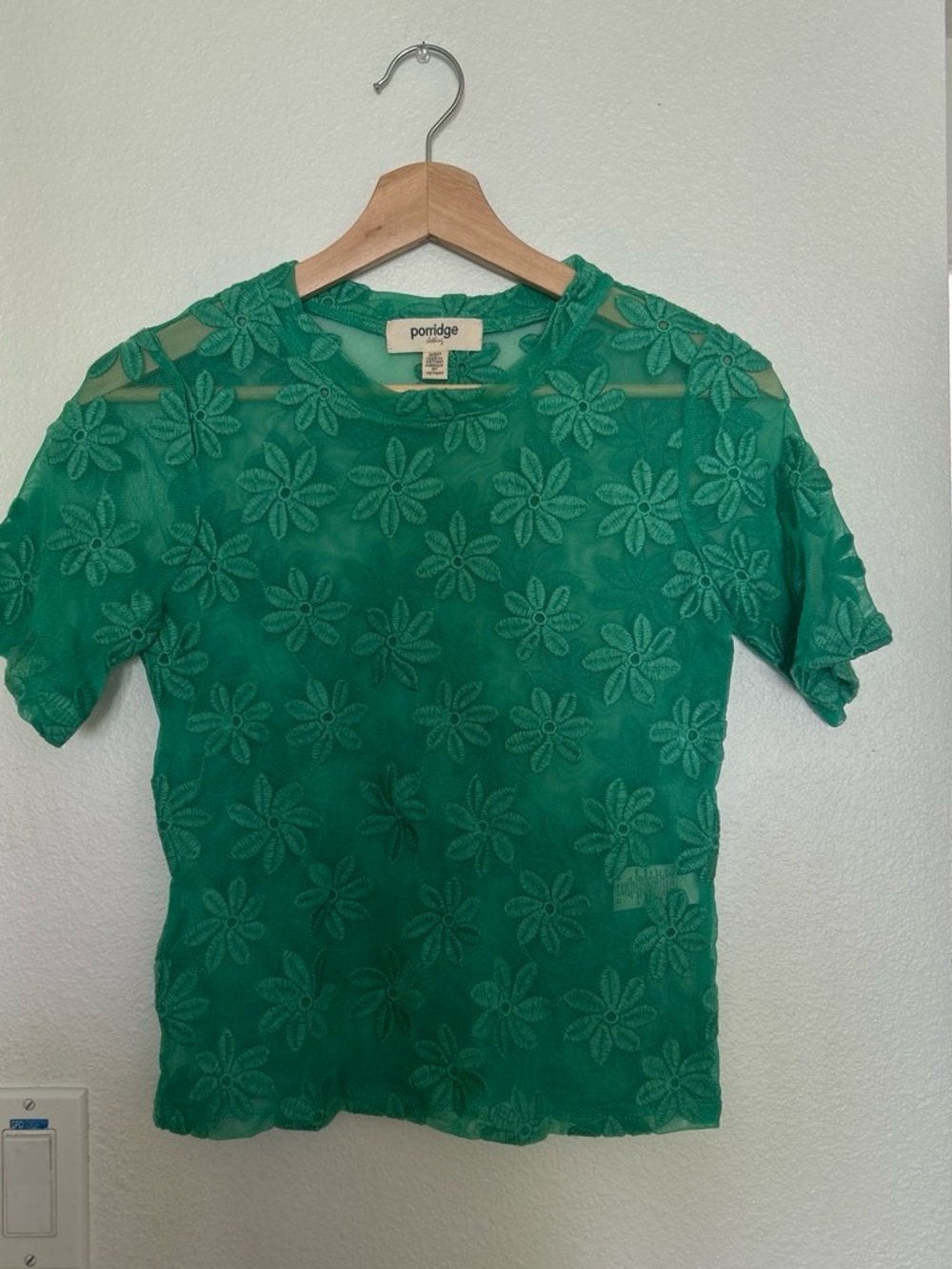 Anthropologie Green Floral Embroidered Sheer Top